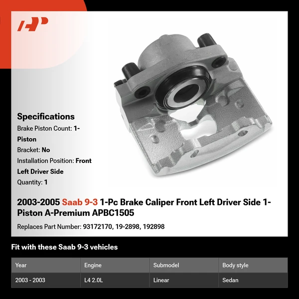 2003-2005 Saab 9-3 1-Pc Brake Caliper Front Left Driver Side 1-Piston A-Premium APBC1505