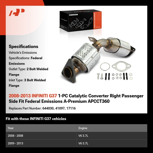 2008-2013 INFINITI G37 1-PC Catalytic Converter Right Passenger Side Fit Federal Emissions A-Premium APCCT360