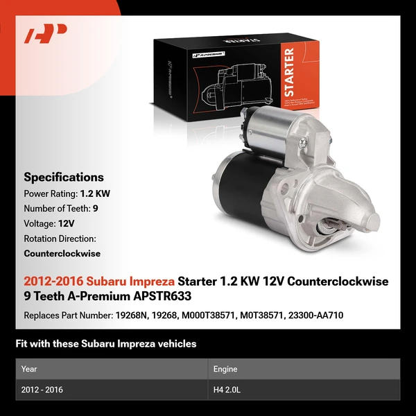 2012-2016 Subaru Impreza Starter 1.2 KW 12V Counterclockwise 9 Teeth A-Premium APSTR633