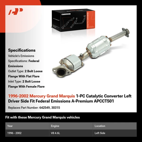 1996-2002 Mercury Grand Marquis 1-PC Catalytic Converter Left Driver Side Fit Federal Emissions A-Premium APCCT501