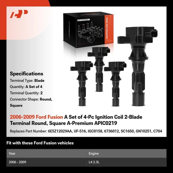 2006-2009 Ford Fusion A Set of 4-Pc Ignition Coil 2-Blade Terminal Round, Square A-Premium APIC0219
