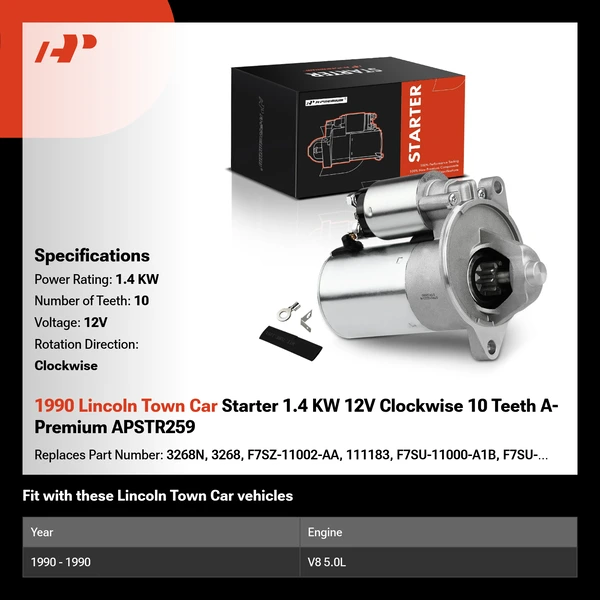 1990 Lincoln Town Car Starter 1.4 KW 12V Clockwise 10 Teeth A-Premium APSTR259
