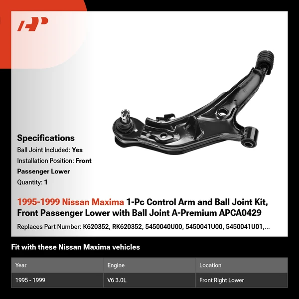 1995-1999 Nissan Maxima 1-Pc Control Arm and Ball Joint Kit, Front Passenger Lower with Ball Joint A-Premium APCA0429