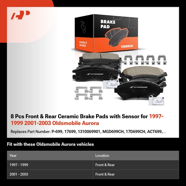 8 Pcs Front & Rear Ceramic Brake Pads with Sensor for 1997-1999 2001-2003 Oldsmobile Aurora