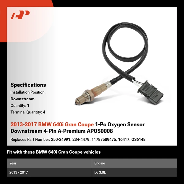 2013-2017 BMW 640i Gran Coupe 1-Pc Oxygen Sensor Downstream 4-Pin A-Premium APOS0008