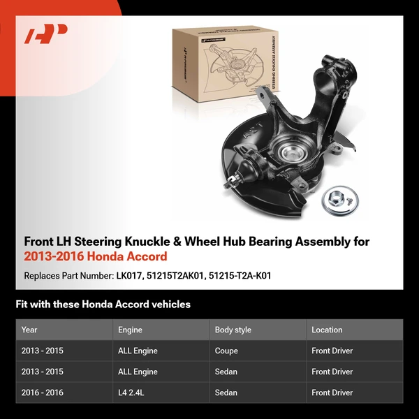 Front LH Steering Knuckle & Wheel Hub Bearing Assembly for 2013-2016 Honda Accord