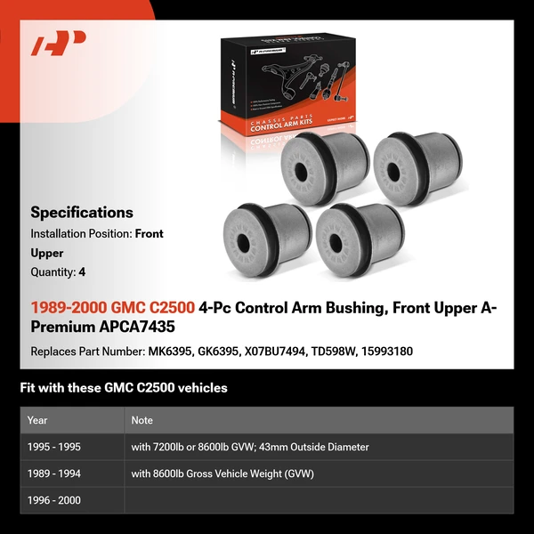 1989-2000 GMC C2500 4-Pc Control Arm Bushing, Front Upper A-Premium APCA7435
