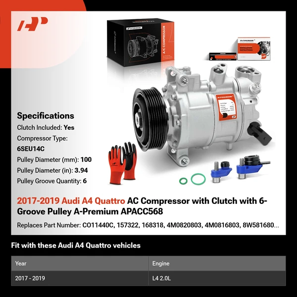 2017-2019 Audi A4 Quattro AC Compressor with Clutch with 6-Groove Pulley A-Premium APACC568