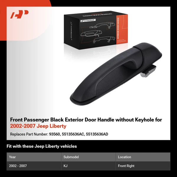 Front Passenger Black Exterior Door Handle without Keyhole for 2002-2007 Jeep Liberty
