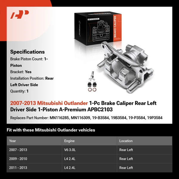 2007-2013 Mitsubishi Outlander 1-Pc Brake Caliper Rear Left Driver Side 1-Piston A-Premium APBC2103