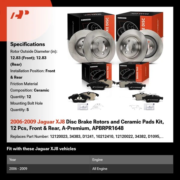 2006-2009 Jaguar XJ8 Disc Brake Rotors and Ceramic Pads Kit, 12 Pcs, Front & Rear, A-Premium, APBRPR1648