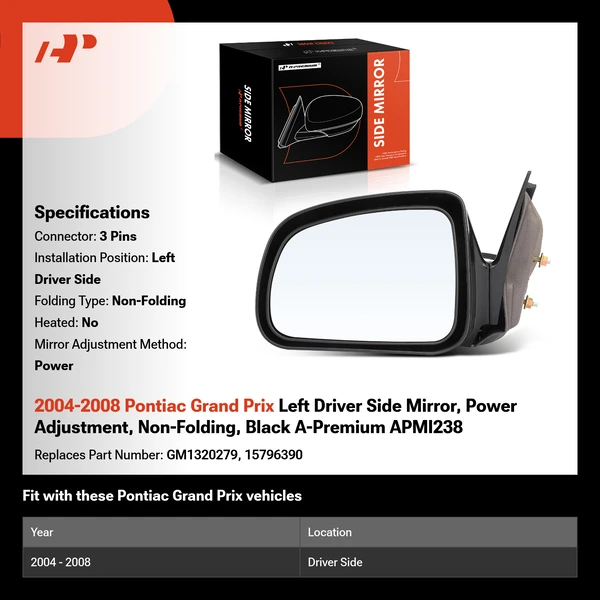 2004-2008 Pontiac Grand Prix Left Driver Side Mirror, Power Adjustment, Non-Folding, Black A-Premium APMI238