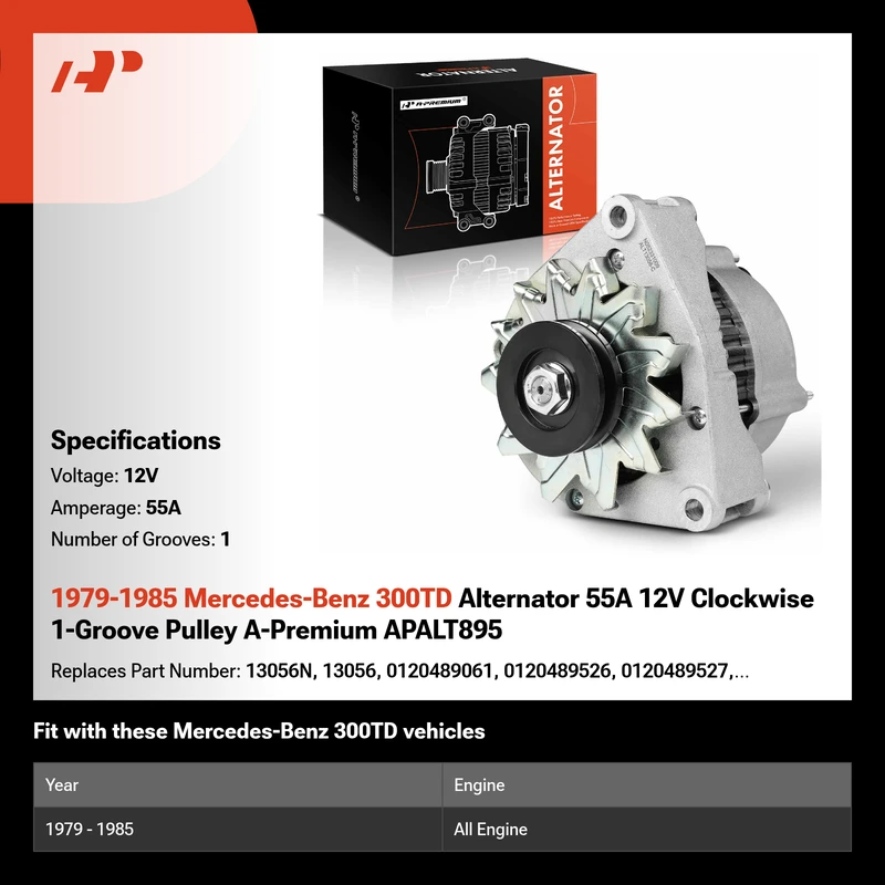 1979-1985 Mercedes-Benz 300TD Alternator 55A 12V Clockwise 1-Groove Pulley A-Premium APALT895