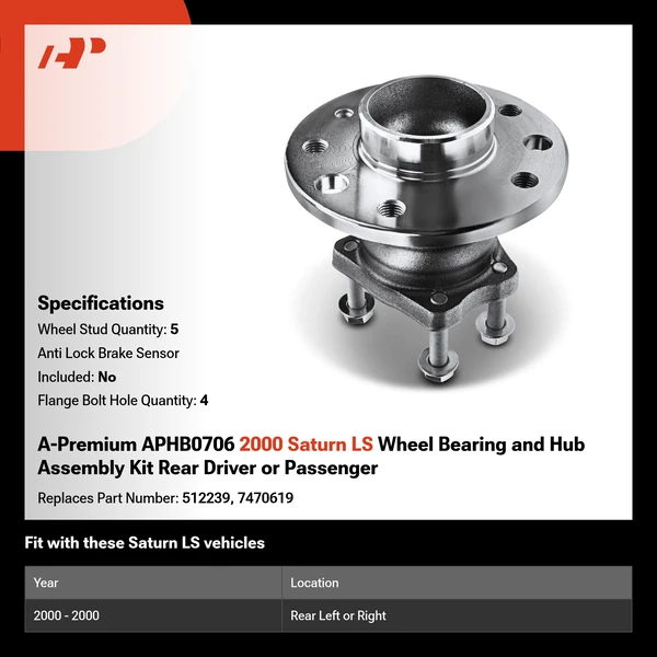 A-Premium APHB0706 2000 Saturn LS Wheel Bearing and Hub Assembly Kit Rear Driver or Passenger