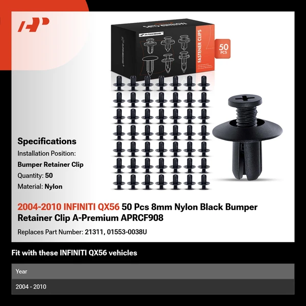 2004-2010 INFINITI QX56 50 Pcs 8mm Nylon Black Bumper Retainer Clip A-Premium APRCF908