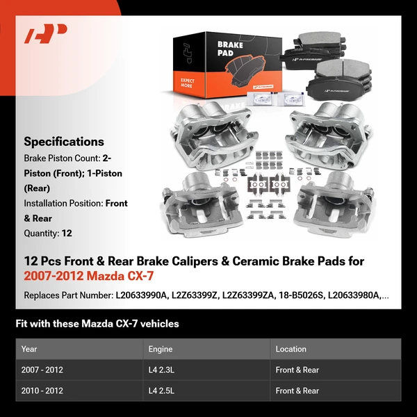 12 Pcs Front & Rear Brake Calipers & Ceramic Brake Pads for 2007-2012 Mazda CX-7