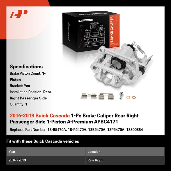 2016-2019 Buick Cascada 1-Pc Brake Caliper Rear Right Passenger Side 1-Piston A-Premium APBC4171