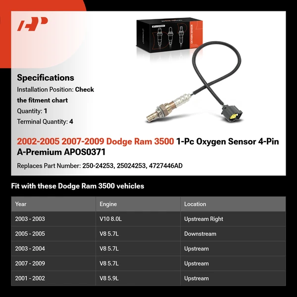 2002-2005 2007-2009 Dodge Ram 3500 1-Pc Oxygen Sensor 4-Pin A-Premium APOS0371