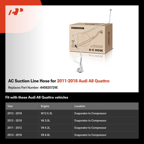 AC Suction Line Hose for 2011-2018 Audi A8 Quattro