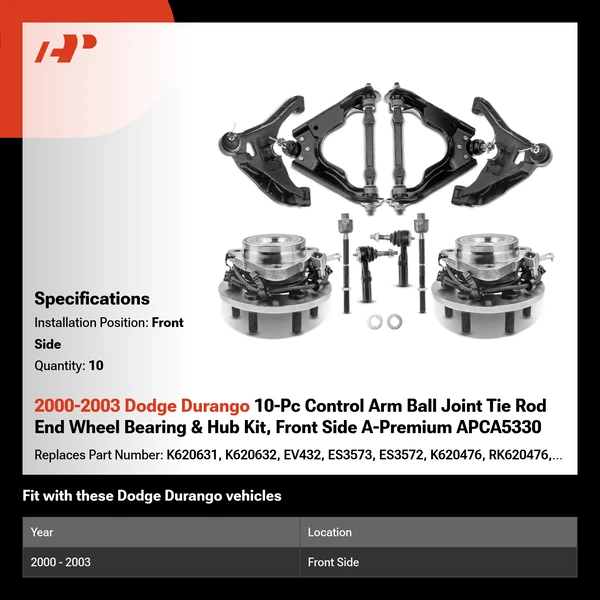 2000-2003 Dodge Durango 10-Pc Control Arm Ball Joint Tie Rod End Wheel Bearing & Hub Kit, Front Side A-Premium APCA5330