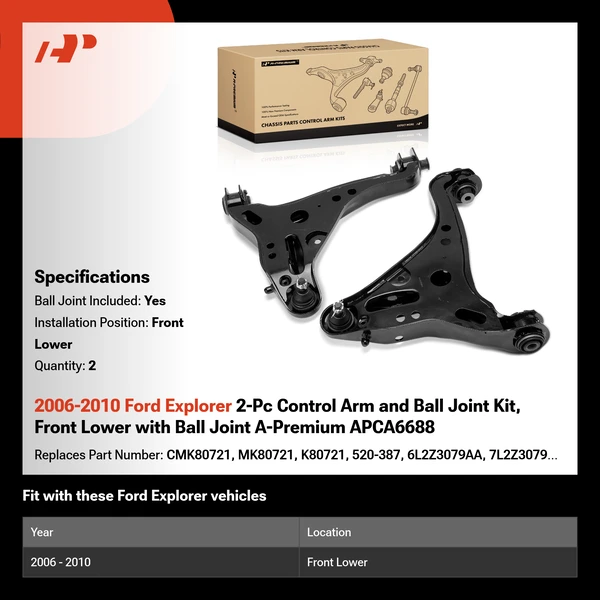 2006-2010 Ford Explorer 2-Pc Control Arm and Ball Joint Kit, Front Lower with Ball Joint A-Premium APCA6688