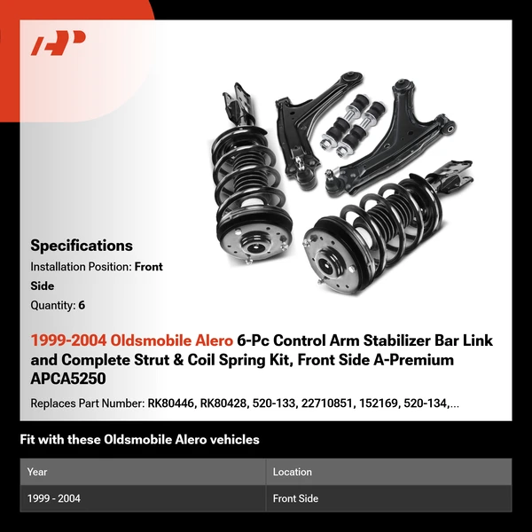 1999-2004 Oldsmobile Alero 6-Pc Control Arm Stabilizer Bar Link and Complete Strut & Coil Spring Kit, Front Side A-Premium APCA5250