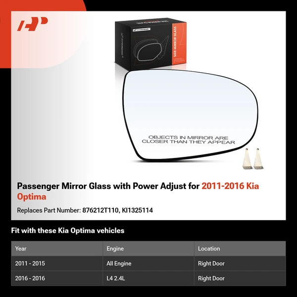 Passenger Mirror Glass with Power Adjust for 2011-2016 Kia Optima