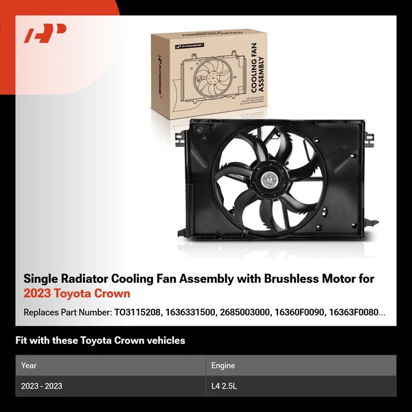 Single Radiator Cooling Fan Assembly with Brushless Motor for 2023 Toyota Crown