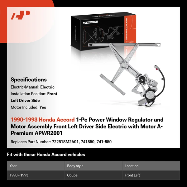 1990-1993 Honda Accord 1-Pc Power Window Regulator and Motor Assembly Front Left Driver Side Electric with Motor A-Premium APWR2001