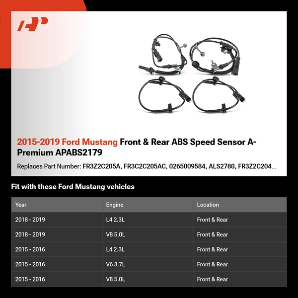 2015-2019 Ford Mustang Front & Rear ABS Speed Sensor A-Premium APABS2179