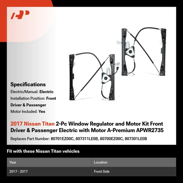 2017 Nissan Titan 2-Pc Window Regulator and Motor Kit Front Driver & Passenger Electric with Motor A-Premium APWR2735