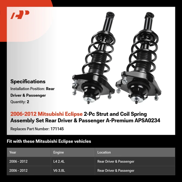 2006-2012 Mitsubishi Eclipse 2-Pc Strut and Coil Spring Assembly Set Rear Driver & Passenger A-Premium APSA0234