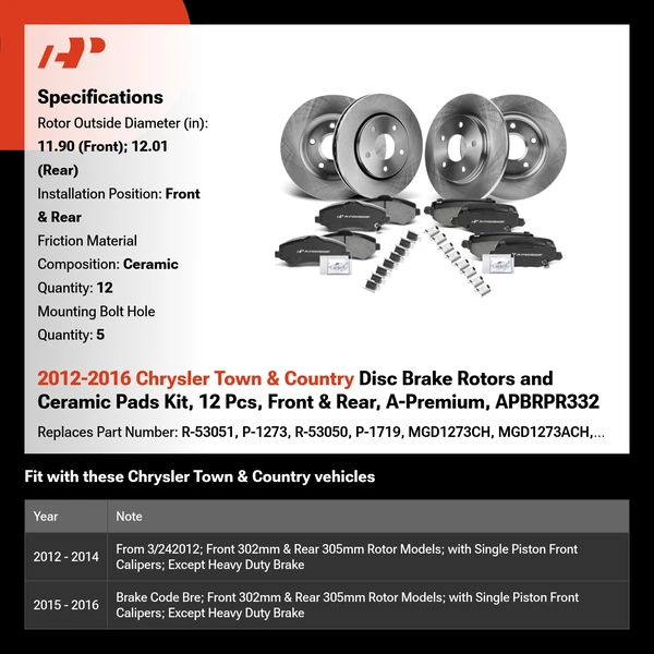 2012-2016 Chrysler Town & Country Disc Brake Rotors and Ceramic Pads Kit, 12 Pcs, Front & Rear, A-Premium, APBRPR332