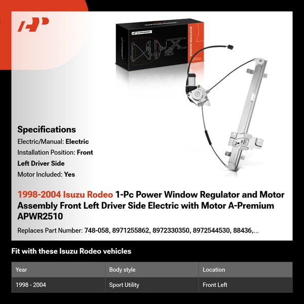 1998-2004 Isuzu Rodeo 1-Pc Power Window Regulator and Motor Assembly Front Left Driver Side Electric with Motor A-Premium APWR2510