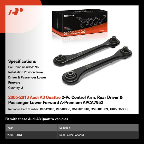 2006-2013 Audi A3 Quattro 2-Pc Control Arm, Rear Driver & Passenger Lower Forward A-Premium APCA7952