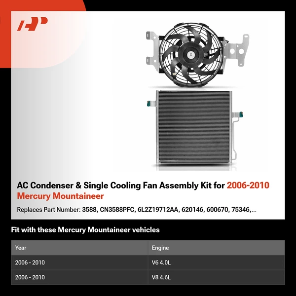 AC Condenser & Single Cooling Fan Assembly Kit for 2006-2010 Mercury Mountaineer