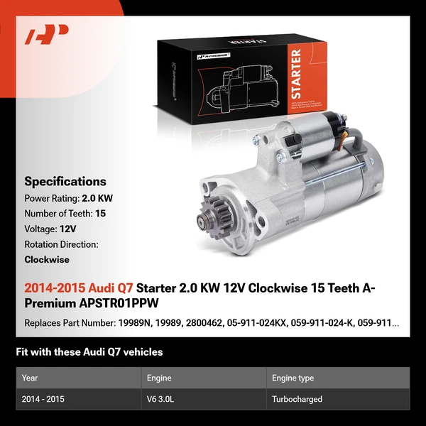 2014-2015 Audi Q7 Starter 2.0 KW 12V Clockwise 15 Teeth A-Premium APSTR01PPW