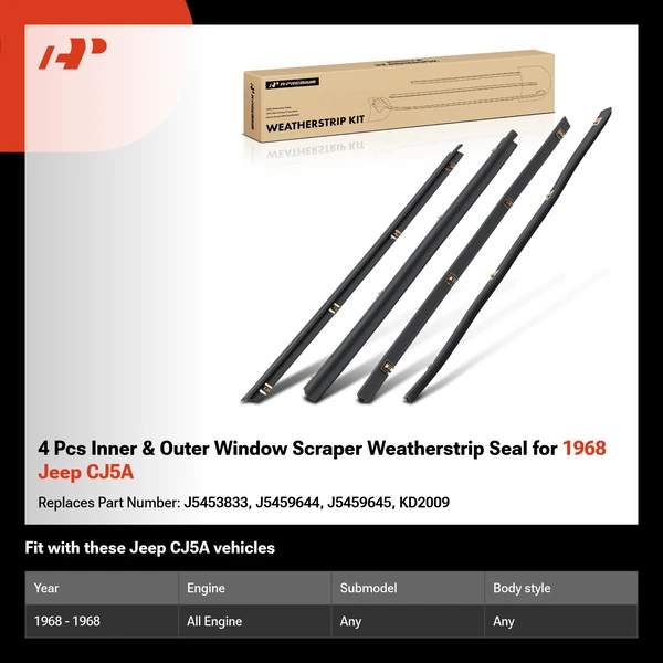 4 Pcs Inner & Outer Window Scraper Weatherstrip Seal for 1968 Jeep CJ5A