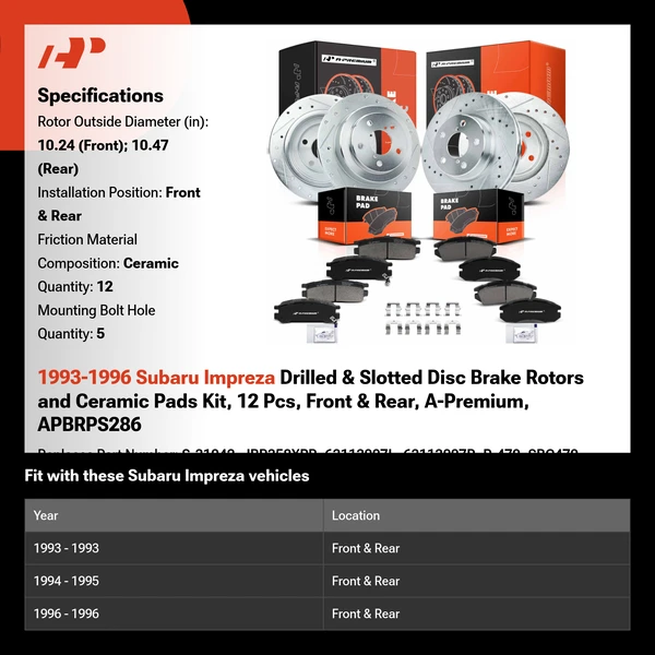 1993-1996 Subaru Impreza Drilled & Slotted Disc Brake Rotors and Ceramic Pads Kit, 12 Pcs, Front & Rear, A-Premium, APBRPS286