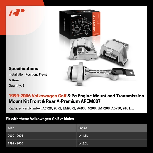 1999-2006 Volkswagen Golf 3-Pc Engine Mount and Transmission Mount Kit Front & Rear A-Premium APEM007
