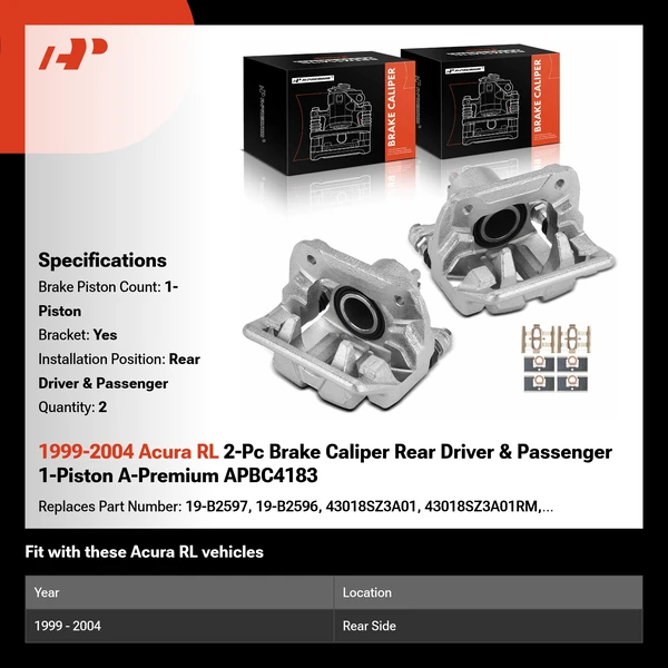1999-2004 Acura RL 2-Pc Brake Caliper Rear Driver & Passenger 1-Piston A-Premium APBC4183