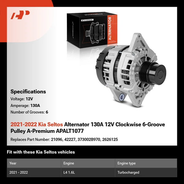 2021-2022 Kia Seltos Alternator 130A 12V Clockwise 6-Groove Pulley A-Premium APALT1077