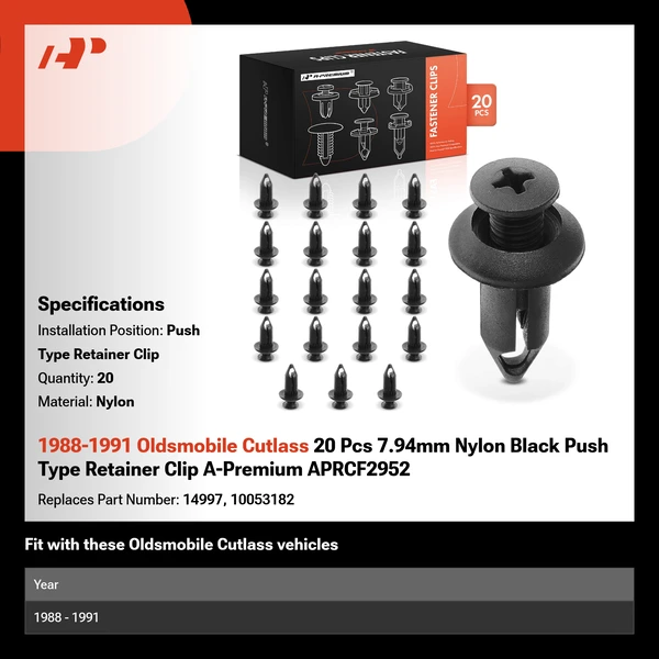 1988-1991 Oldsmobile Cutlass 20 Pcs 7.94mm Nylon Black Push Type Retainer Clip A-Premium APRCF2952