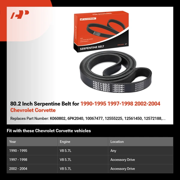 80.2 Inch Serpentine Belt for 1990-1995 1997-1998 2002-2004 Chevrolet Corvette