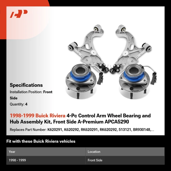 1998-1999 Buick Riviera 4-Pc Control Arm Wheel Bearing and Hub Assembly Kit, Front Side A-Premium APCA5290