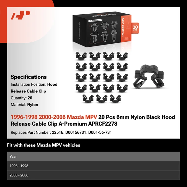 1996-1998 2000-2006 Mazda MPV 20 Pcs 6mm Nylon Black Hood Release Cable Clip A-Premium APRCF2273