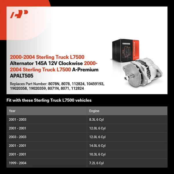 2000-2004 Sterling Truck L7500 Alternator 145A 12V Clockwise 2000-2004 Sterling Truck L7500 A-Premium APALT505