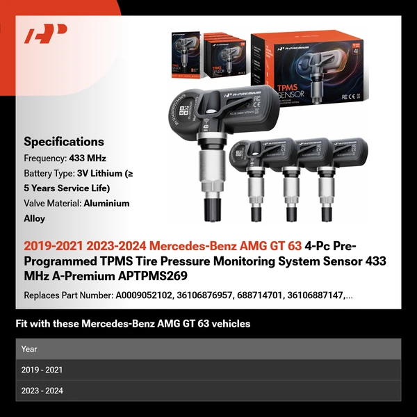 2019-2021 2023-2024 Mercedes-Benz AMG GT 63 4-Pc Pre-Programmed TPMS Tire Pressure Monitoring System Sensor 433 MHz A-Premium APTPMS269