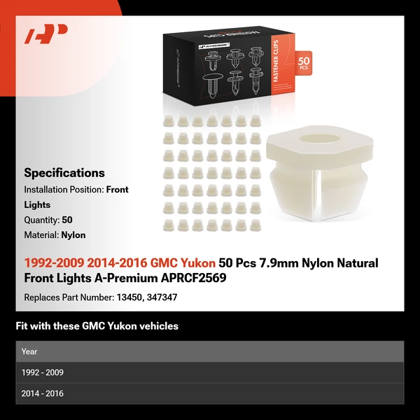 1992-2009 2014-2016 GMC Yukon 50 Pcs 7.9mm Nylon Natural Front Lights A-Premium APRCF2569