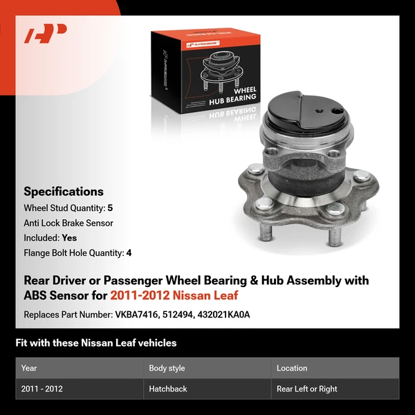 Rear Driver or Passenger Wheel Bearing & Hub Assembly with ABS Sensor for 2011-2012 Nissan Leaf